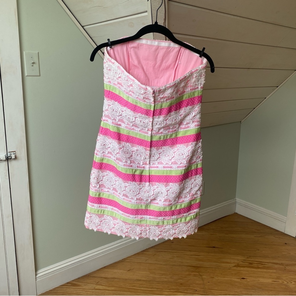 Lilly Pulitzer Dress 4 Strapless Pink Green White Lace Floral Polka Dot Ribbon - Picture 10 of 11